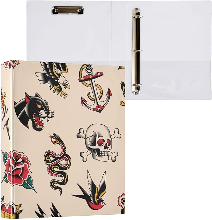 Vintage Tattoo 3 Ring Binder 1.5 Inch Round Ring Binder Organizer with Clear View Pocket for Office Supplies-1Pack