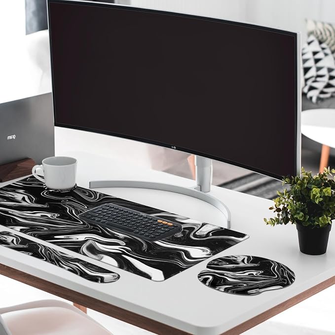 Keyboard Mouse Pad Set, 4 in 1 Desk Mat Set, Black White Marble | Large Mousepad+Keyboard Wrist Rest+Mouse Wrist Rest+Coaster Ergonomic Design for Home Office Computer