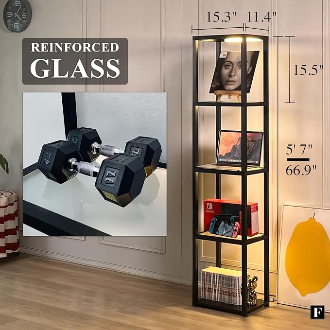 FENLO LED Glass Display Cabinet – Dimmable Lighted Furniture for Bedroom, Living Room, or Office – Glass Curio Cabinet Shelf Lamp with App + Remote Control + Adjustable Lighting Fantasy Lite