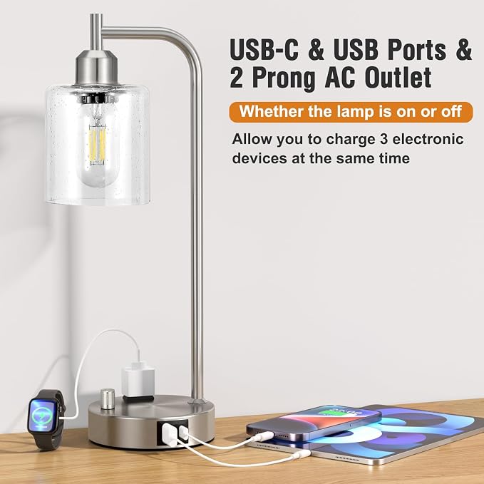 Industrial Table Lamps for Bedrooms Set of 2 - Fully Dimmable Bedside Lamps with USB A and C Ports and Outlet, Nickel Nightstand Lamps with Glass Shade for Living Room, Desk Lamps for Office Reading