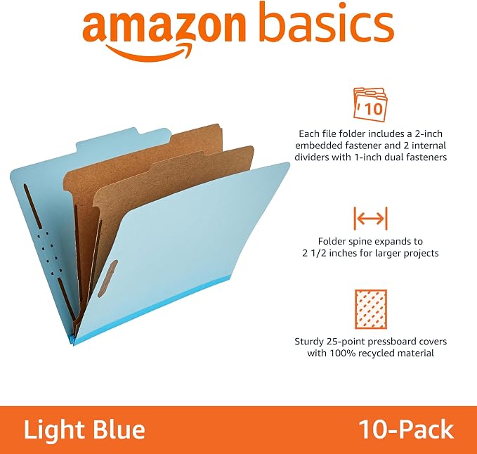 Amazon Basics Classification Folder with Prongs, 100% Recycled, 2 Dividers, 2" Embedded Fasteners, Letter Size, for Documents Organization, Light Blue, 10 Count (Pack of 2)
