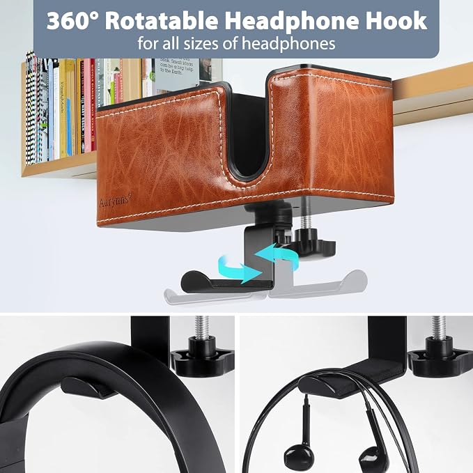 Under Desk Cup Holder Clamp on Cup Holder PU Leather Clip on Desk Organizer | Desk organizer with pencil holder clamp on side, under desk hanging organizer, clip on cup holder desk phone stand holder PU