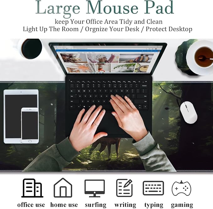 Extended Gaming Mouse Pad 31.5" x 11.8", with Edge Stitching, Non-Slip Rubber Base Keyboard Pad, Suitable for Work, Game, Office, Home and Coasters, Deer in The Forest