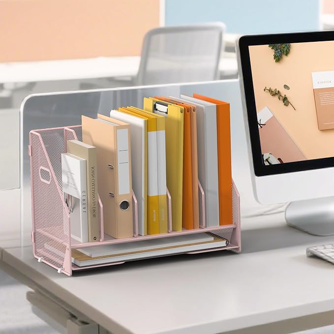 5 Vertical Mesh Desk Organizer with Paper Letter Tray, Pink | Sorting racks with lower letter tray section. Multipurpose mesh desktop space saver for home office and school