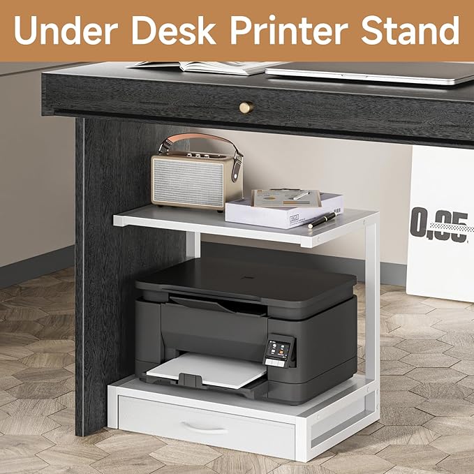 YAOHUOO 2-Tier Desktop Printer Stand with Fabric Drawer,17.3"x11.8" White | Printer Table with Storage Shelf,Desk Organizer for Home Office,Fit Printer,Fax Machine,Scanner,Space Saving for Two Monitors