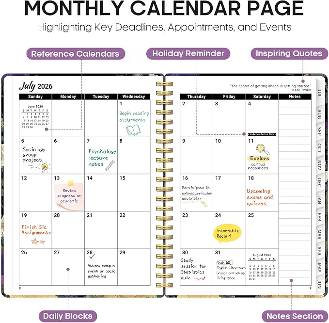 Planner 2026-2027, Monthly & Weekly Jul 2026-Jun 2027 Calendar Book | 6.3" x 8.5", Hardcover Spiral Planner with Tabs, School Pretty Agenda for Women, Students, Teachers, Whispering Petals