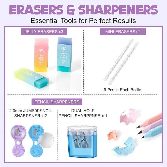 Eersida 47 Pcs Aesthetic School Supplies with Cute Pen Case, Mechanical Pencils 0.5mm, 0.7mm, 0.9mm & 2.0mm with Leads and Eraser Refills, Wood Pencils #2, for Writing, Drawing & Drafting(Purple)
