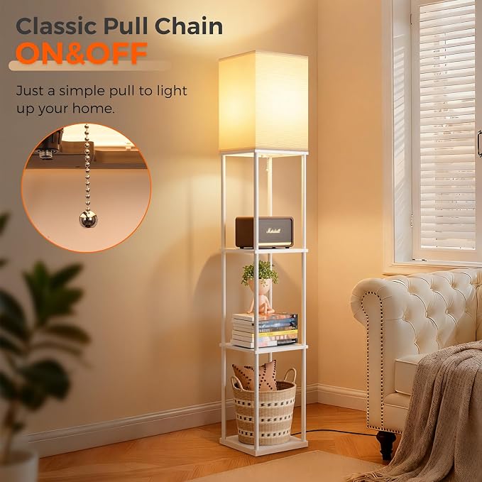 Floor Lamp with Shelves, 3-Tier Modern Square Bookshelf Standing Lamp White | 3 Color Temperature Bulb Included, Pull Chain Tall Lamp for Living Room Bedroom Corner Office Apartment Decor