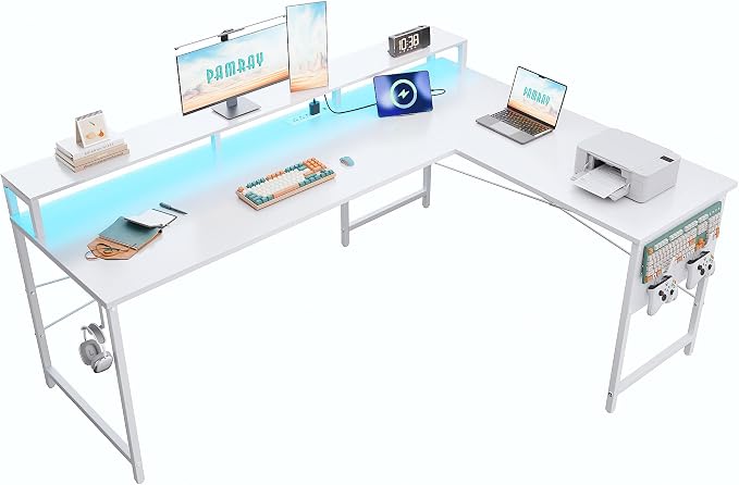 Pamray 64 Inch L Shaped Gaming Desk with Monitor Stand and Power Outlets | Large Corner Computer Desk With Pegboard & Led Lights USB Charging Ports for Home Office Study and Writing Bedroom and Dorms