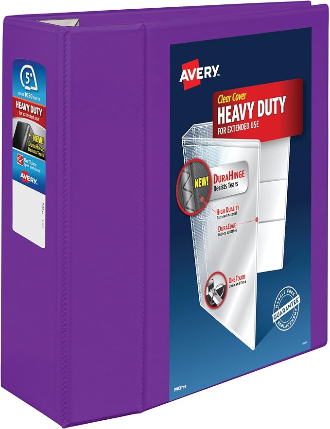 Avery® Heavy-Duty 3 Ring Binder, 5" EZD® Rings, 1 Purple Binder | For Heavy School, Home and Office Use, Tear-Resistant Spine, DuraEdge Split-Resistant Sides, Interior Storage Pockets