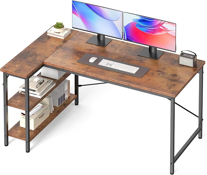DUMOS 55 Inch L Shaped Desk, Computer Gaming Corner Desks with Shelves | Home Office PC Table, Writing Working Study Desk for Bedroom Dorm, Reversible Design, Rustic Brown