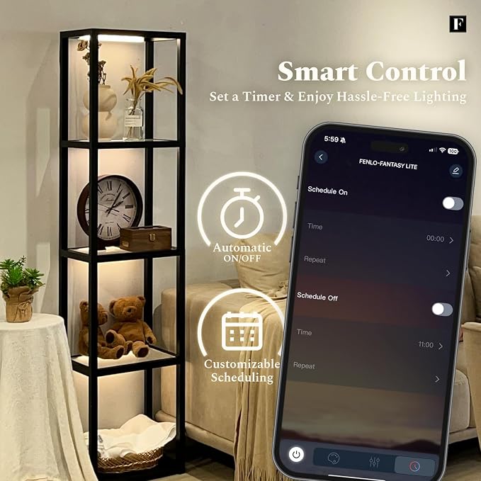 FENLO LED Glass Display Cabinet – Dimmable Lighted Furniture for Bedroom, Living Room, or Office – Glass Curio Cabinet Shelf Lamp with App + Remote Control + Adjustable Lighting Fantasy Lite