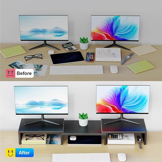 Desk Organizers and Accessories, Dual Monitor Stand Riser, Monitor Desk Shelf for Desktop Organization (Black)
