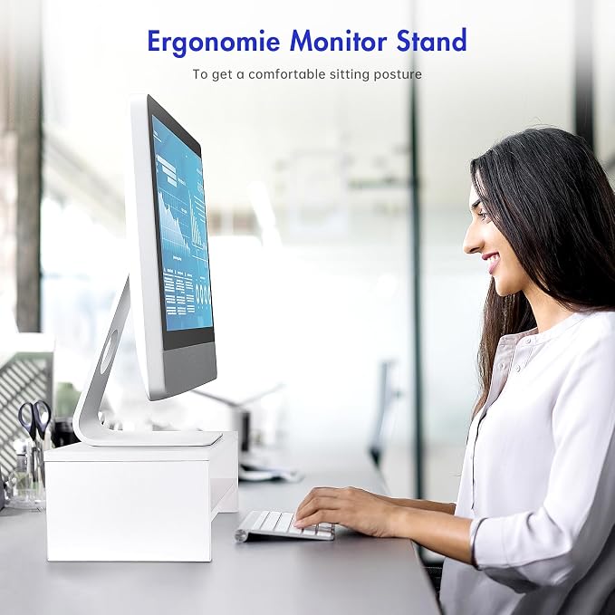 BEYGORMMonitor Stand Riser, White, 16.5 inch, 2 Tiers Wood Desk Shelf | Computer Screen Stand with Storage, For Desktop Laptop/Screen/TV/PC/Printer 16.5"L x 7.8"W x 5.2"H