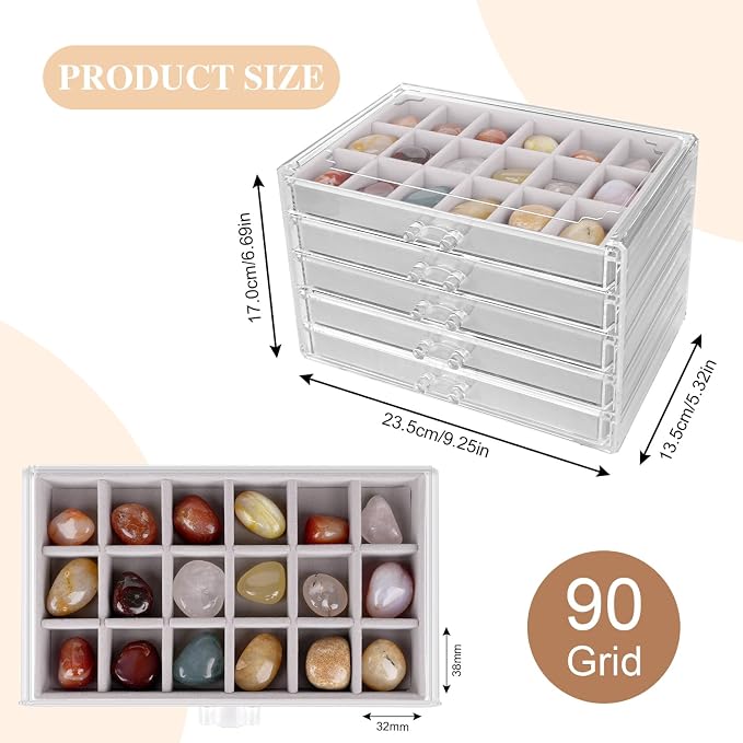 Rock Display Case,Rock Collection Box,90 Grid Rock Collection Display Case, Rocks Collections Storage,Acrylic Clear Displays Cases Organizer for Gemstone Fossil Crystal Stone Collectibles