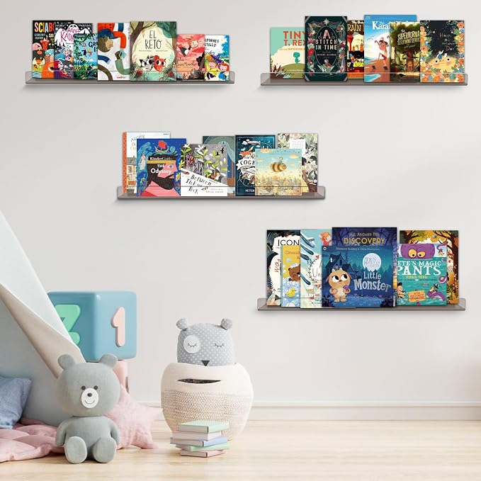 Dezzer 6 Pack Acrylic Shelves for Wall, 15" Acrylic Floating Shelves for Bathroom Bedroom, Invisible Bookshelf Wall Ledge Storage Shelf Books Perfume Toys Action Figure Display Shelves, Clear Gray