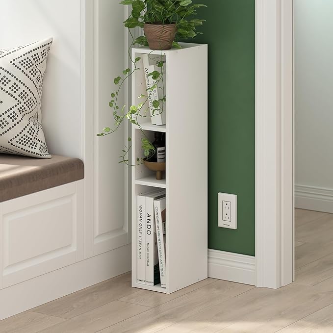 Furinno Fulda Book Shelf, 3-Tier Narrow Bookshelf, Bookcase with 6-in Width Storage Shelf, 9.3 x 5.9 x 31.5, for Living Room, Bedroom, Home Office, White