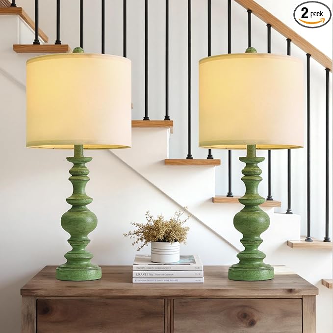BOBOMOMO 24" Farmhouse Table Lamps Set of 2 – Sage Green Bedside Lamps with Linen Shades, Medium Traditional Lamps for Living Room, Bedroom, and Entryway, Vintage Lamp with Soft Natural Serenity