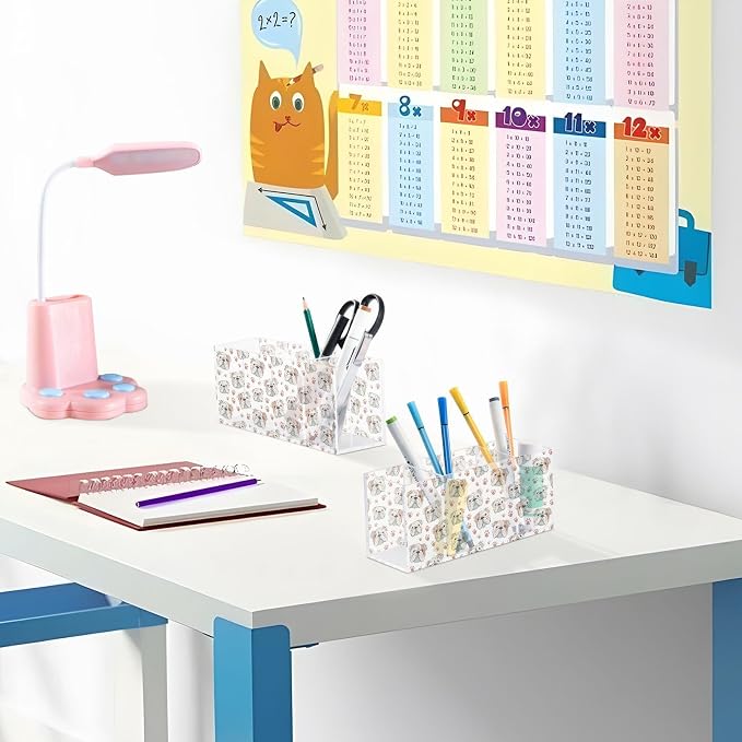 English Bulldog Dog Paw Print 4 Compartment Acrylic Pencil Holder, Printed Pencil Holder Makeup Brush Holder Acrylic Desktop Accessories for Pencil Cutlery Toiletries Storage