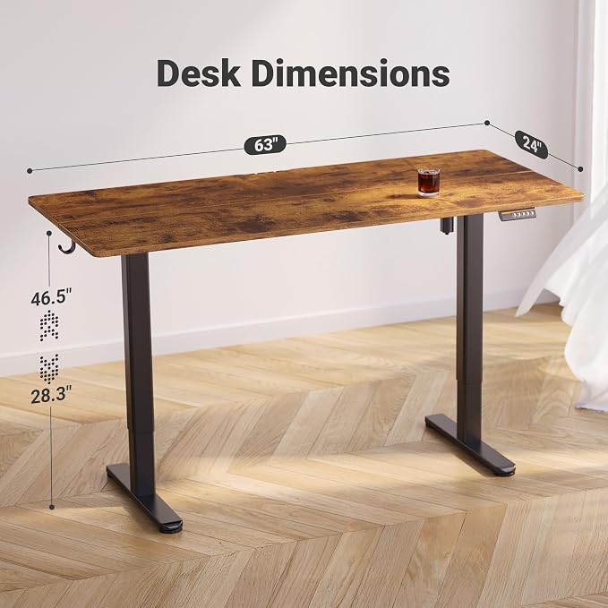 Claiks Electric Height Adjustable Standing Desk, 63x24 Inch, Rustic Brown | Smooth Height Adjustment, 3 Memory Presets, Cable Management Hub&Hook, Stable Steel Frame, 176lbs Capacity, Easy Assembly