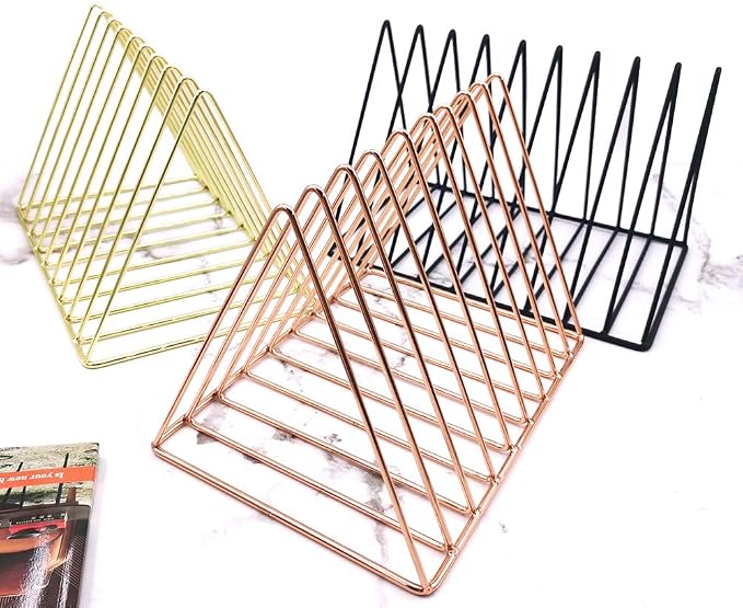 9 Slot Magazine Rack Book Record Holder, Desktop Iron Storage Rack Bookshelf Multifunction Triangle File Organizer Sorter for Decor Home Office, Rose Gold Pack of 2
