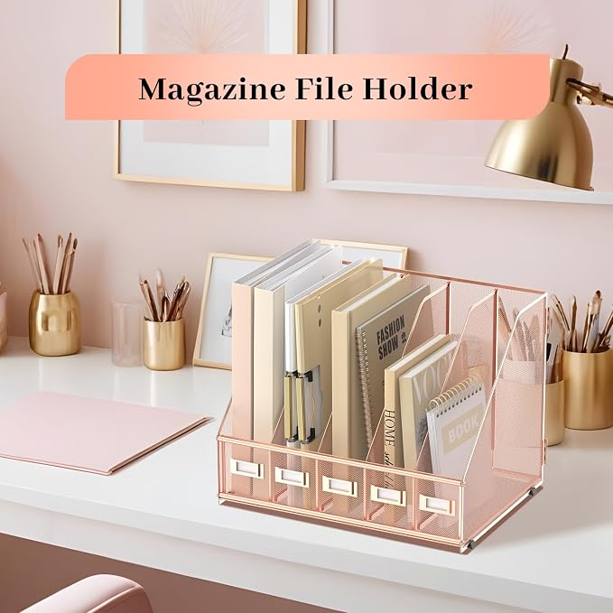 Desk Organizers Metal Desk Magazine File Holder with 5 Vertical Compartments Rack File Organizer for Office Desktop, Home Workspace, Rose Gold