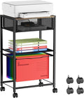 Cawukege 3 Tier Printer Stand, Small Mobile Table with Wheels, Printer Shelf Rolling Cart with Storage Desk Organizer Hanging File for Office Home, Brown