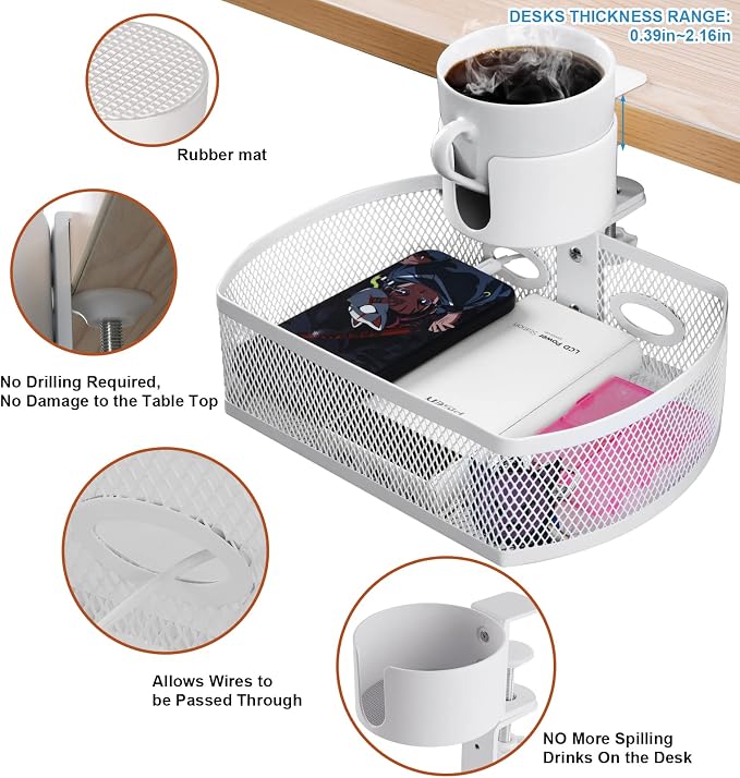 MASTLU Under Desk Organizer,Cup Holder,Table Management Tray, Swivel Pencil Drawer, Office No Drill Steel Organizers,360 Spin Hidden Storage Box with Sturdy C-Clamp,Easy Install (White)