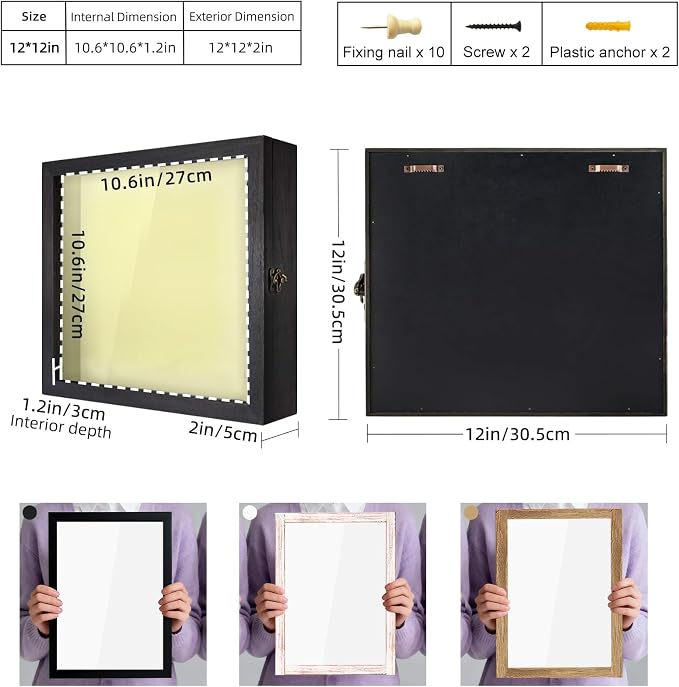 TJ.MOREE Shadow Box 12 x 12 Display Case Wood Picture Frame Memory Black | Fits 10.6x10.6 Inserts with Linen Back & Glass, Rustic Keepsake Box for Pet Memorabilia Gifts Wedding Bouquet Military Medals