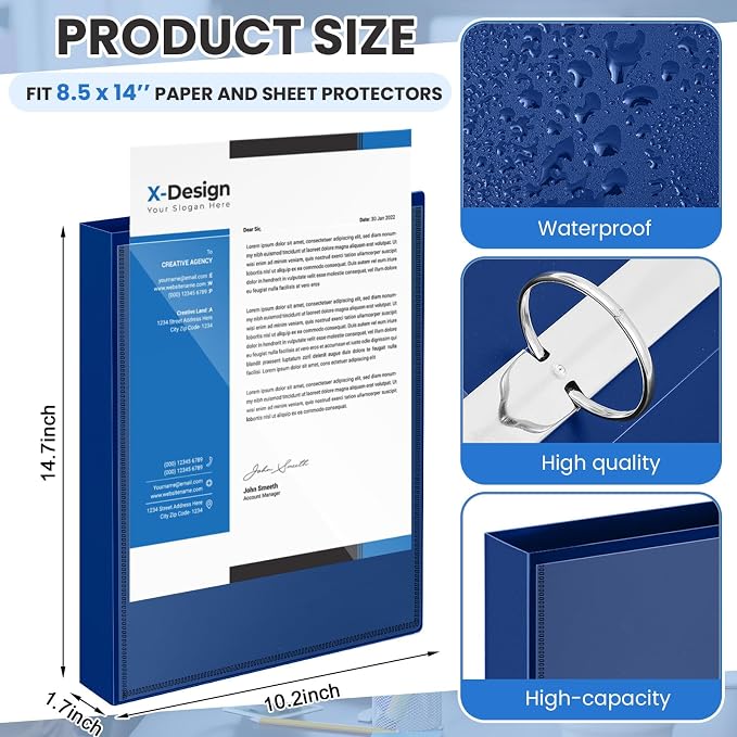 Henoyso 4 Pcs 1" Legal Size PP Plastic Binders with View Cover, Durable 3 Ring Blue Binders for 8.5" x 14" Paper, Hold up to 175 Sheets for Documents, Office, Home, Work Places