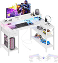DUMOS 47 Inch Gaming Desk, Monitor Stand, LED Lights, Storage Shelves | USB Charging Ports, Power Outlets, Reversible L Shaped Corner, Small Spaces, White