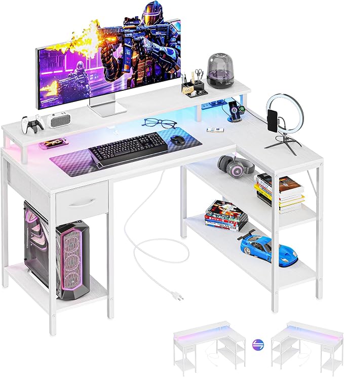 DUMOS 47 Inch Gaming Desk, Monitor Stand, LED Lights, Storage Shelves | USB Charging Ports, Power Outlets, Reversible L Shaped Corner, Small Spaces, White