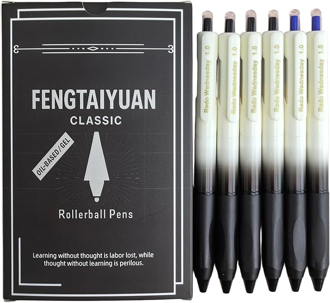Fengtaiyuan Retractable Gel Pens, 1.0mm Bold Point Assorted Colors (4Black + 2Blue) Quick Dry Ink, Gradient Black-White Barrel with Ergonomic Non-Slip Grip, Smooth Writing [Pack of 6]