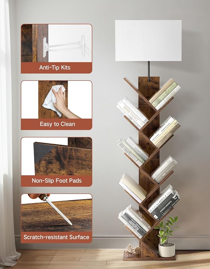 9 Tier Tree Bookshelf with Light, Remote & Timer, Modern Tall Floor Standing Book Shelf, Narrow Wood Bookcase, Small Book Organizer Shelves for Living Room, Bedroom, Office