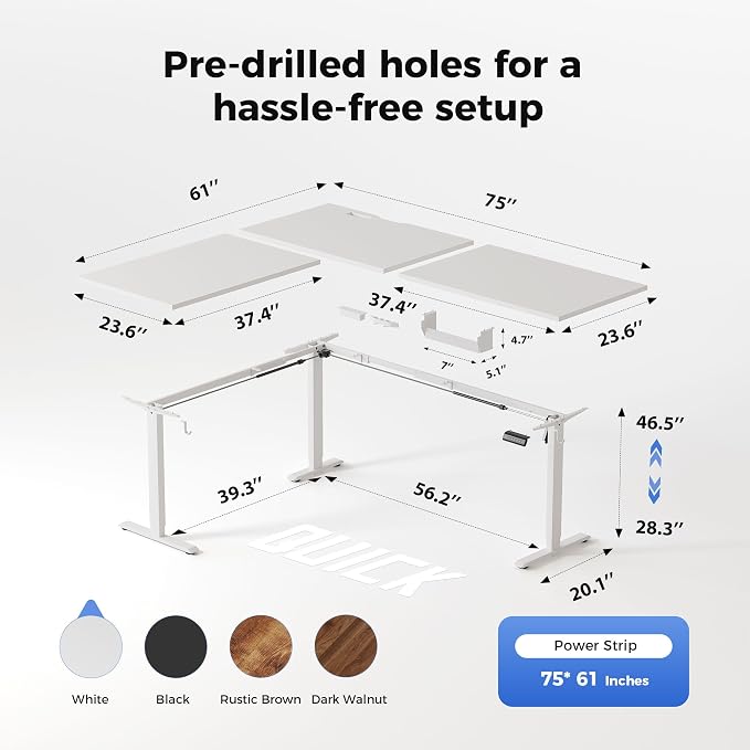 Agilestic 75 x 61 Inch L Shaped Standing Desk with Powerstrip, White | Outlets, Cable Management, Corner Desk, Ample Workspace, Memory Presets, Hooks, Stable Steel Frame,176 lbs, Splice Board