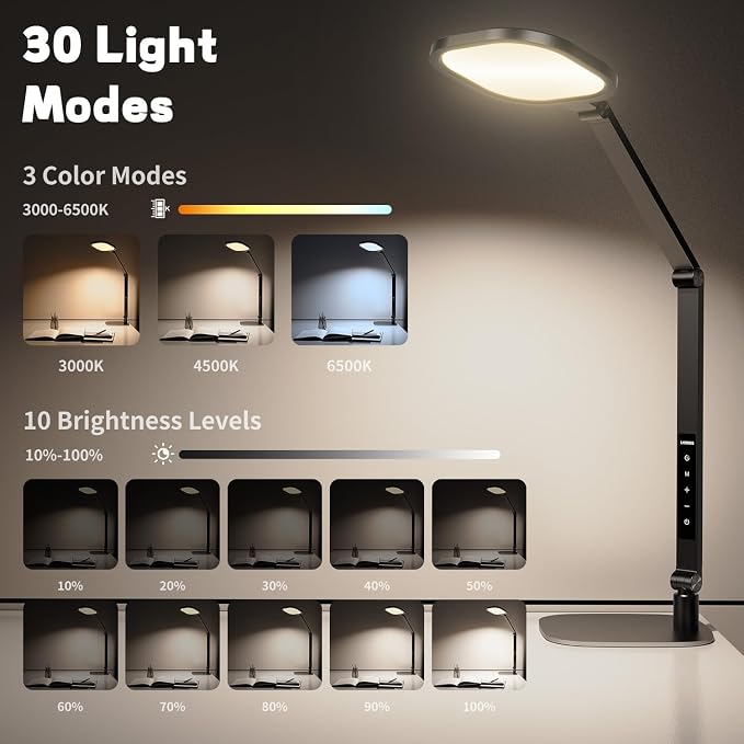 LED Desk Lamp for Home Office, Soft Edge-lit Design, Modern Style | Professional Eye-Caring Diffused Light, Dimmable Computer Light with 30 Modes, Memory & Timer, Flexible Swing Arm Table Lamp