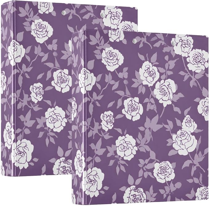 3 Ring Binder Flower Leaves Purple 1.5 inch Binders Three Ring Binders with Clipboard Fit 8.5'' x 11'' Paper 3 Interior PVC Clear Pockets for Office Supplies