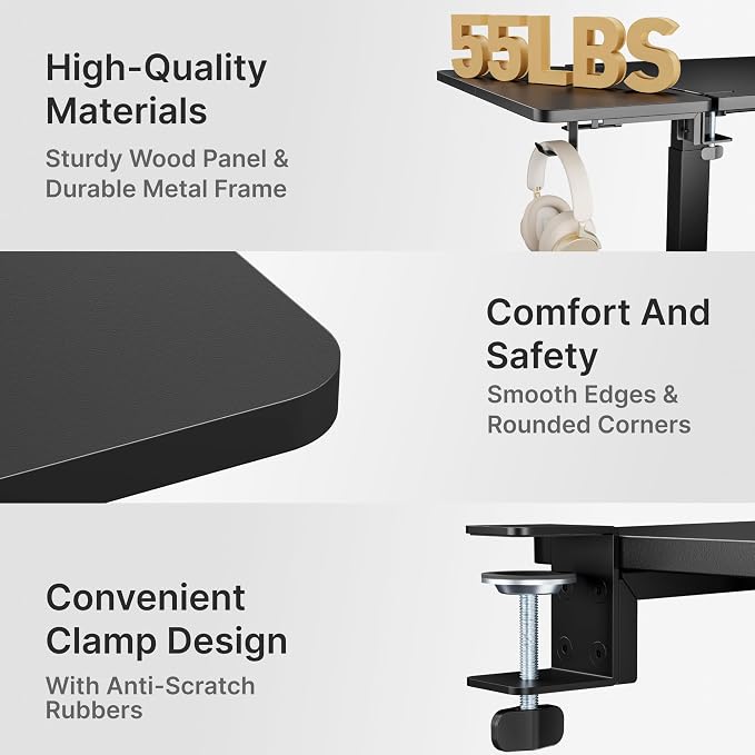 Desk Extender Tray, 24" x 12", with Laptop Holder, Medium, Black | Desk Extension, Clamp on Desk Shelf, Clamp On Keyboard Tray for Office and Home, Workstation Organizer