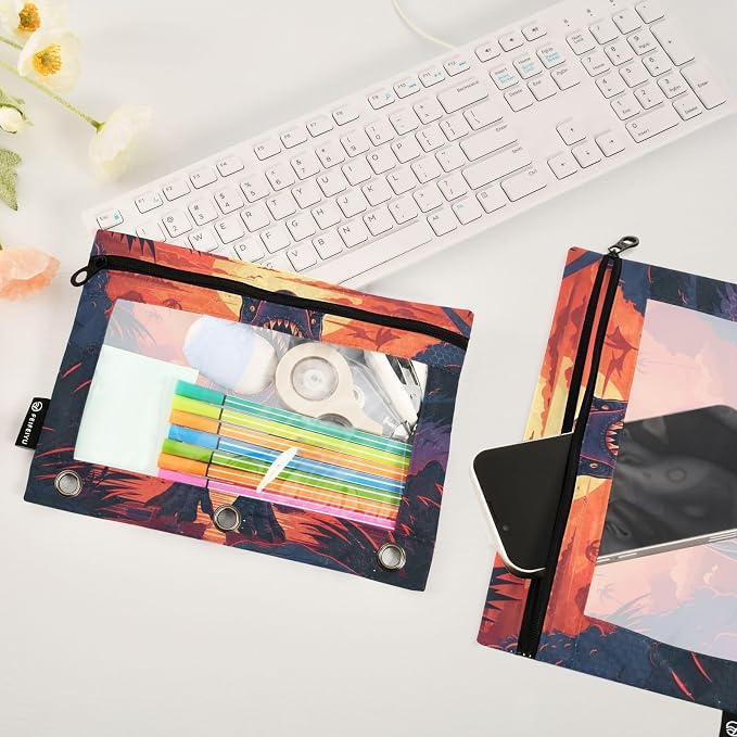 Dinosaur Pencil Pouch for 3 Ring Binder, 2 Pack Waterproof Pencil Bags Clear Window Zipper School Office Supplies