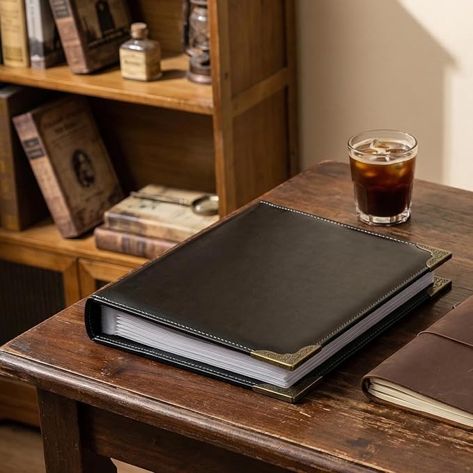 Vintage Hardback Leather 3 Ring Binder, 1.3 Inch D Ring, Three Ring Binders Fits 8.5" x 11", Corner Protectors, PU Leather Cover, for Photo Album, Home, Professional Office & School Supplies, Black