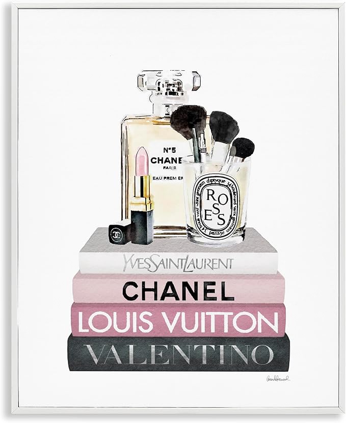Cosmetics on Bookshelf Glam, 16 x 20 Inch Framed Giclée Print | Stupell Industries · By Amanda Greenwood · Ready to hang · Chic gift for fashion lovers · Made in USA