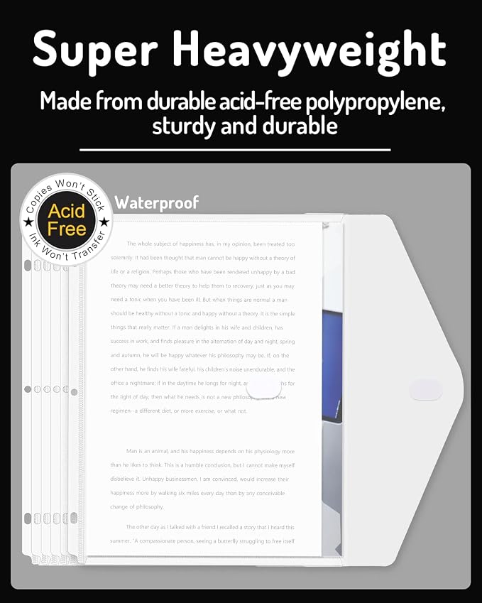 Forvencer Binder Pocket, 10 Pack Super Heavyweight Plastic Folders | Tight Closure Binder Sleeves, Folders with Pockets Side Loading, Binder Organizer, Binder Dividers with Pockets, Clear