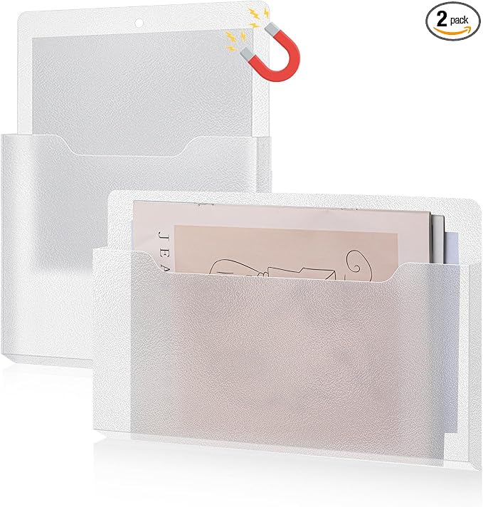 Feifeiya 2 Pcs Magnetic File Folder Wall Hanging Holder Large Pocket Paper Magazine Mail Organizer for Refrigerator Classroom Locker Whiteboard(Mixed,Clear,13.8 x 8.3 Inches,12.2 x 9.4 Inches)