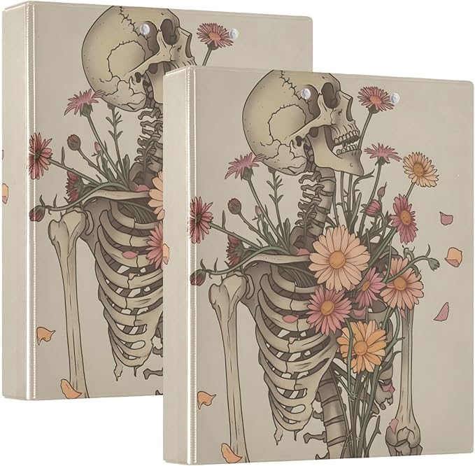 3 Ring Binder, Skeleton Skull Flowers File Folder Holds 200 Sheets File Storage for Women Men School Office Supplie
