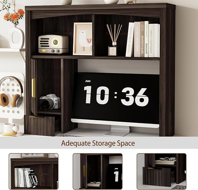 Desktop Shelf, Wooden Desk Hutch with Storage, Desktop Bookshelf | with Cabinet and Drawer, Office Desk Organizer, Space-Saving Organization, Over Desk Storage Shelves for Home, Dorm, Walnut