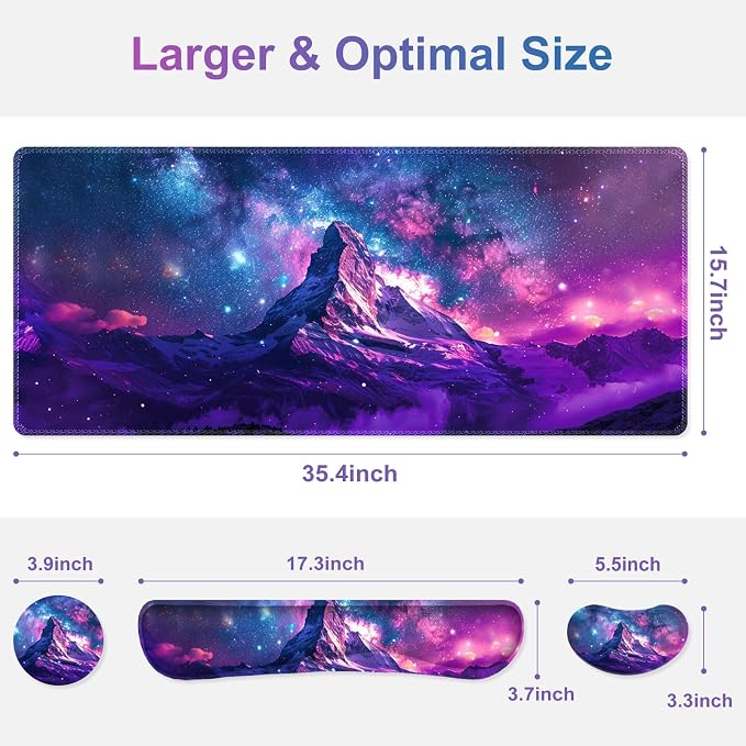 Large Gaming Mouse Pad Set, Purple 4 in1 Ergonomics Keyboard Desk Mat with Memory Foam Wrist Rest, Extended Game Mousepad, Non-Slip Desk Pad Matt Easy Typing Pain Relief I Galaxy Mountain