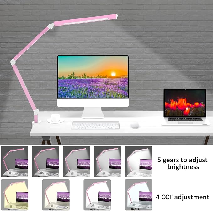 Architect Desk Lamp with Clamp, Led Desk Lamp with Dual Light Bars and Adjustable Swing Arm, Clip-on Stepless Dimming Table Light Computer Lighting for Home Office Sewing Painting Hobby
