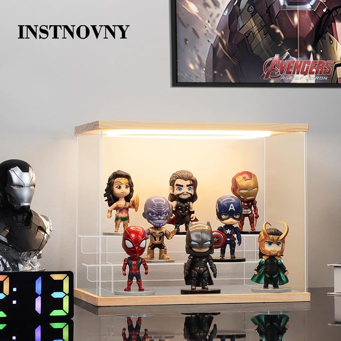 Clear Acrylic Display Case with Light 3 Tier Display Storage Box Assembly Dustproof Showcase for Collectibles Action Figures(Wood, 12.0*6.9*9.4inch)
