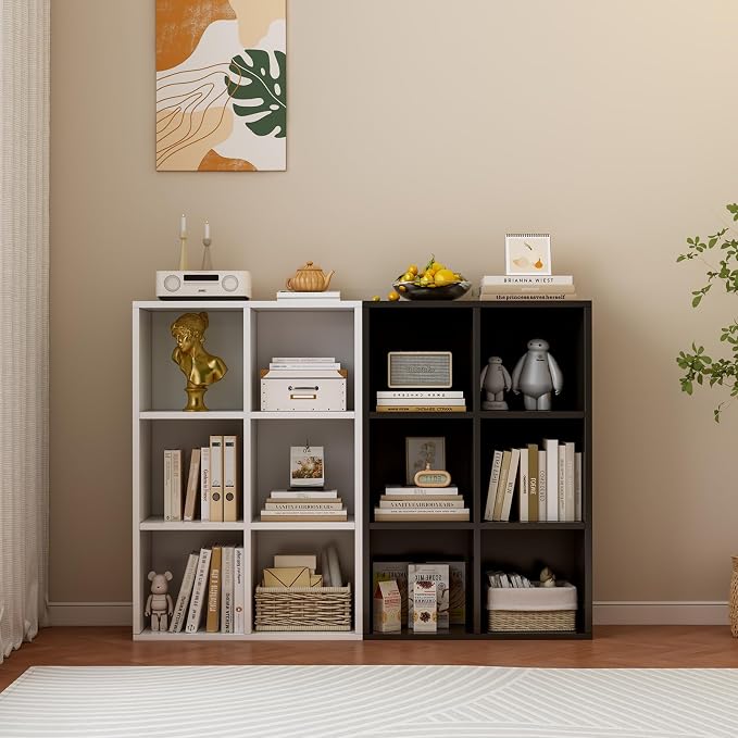 6-Cube Storage Shelf Bookcase, Black | Wooden 3-Tier Open Bookshelf, Fits 11×11" Bins, Vertical or Horizontal Use, Full Back Panels, For Home Office