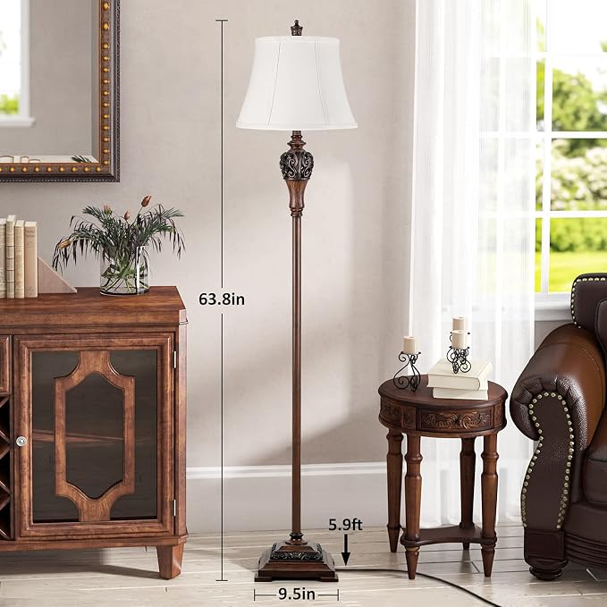 Vintage Floor Lamp for Living Room, Traditional Tall Standing Lamp | Eye-caring White Fabric Shade, Stable Antique Base, Farmhouse Rustic Design, Bright Floor Lighting